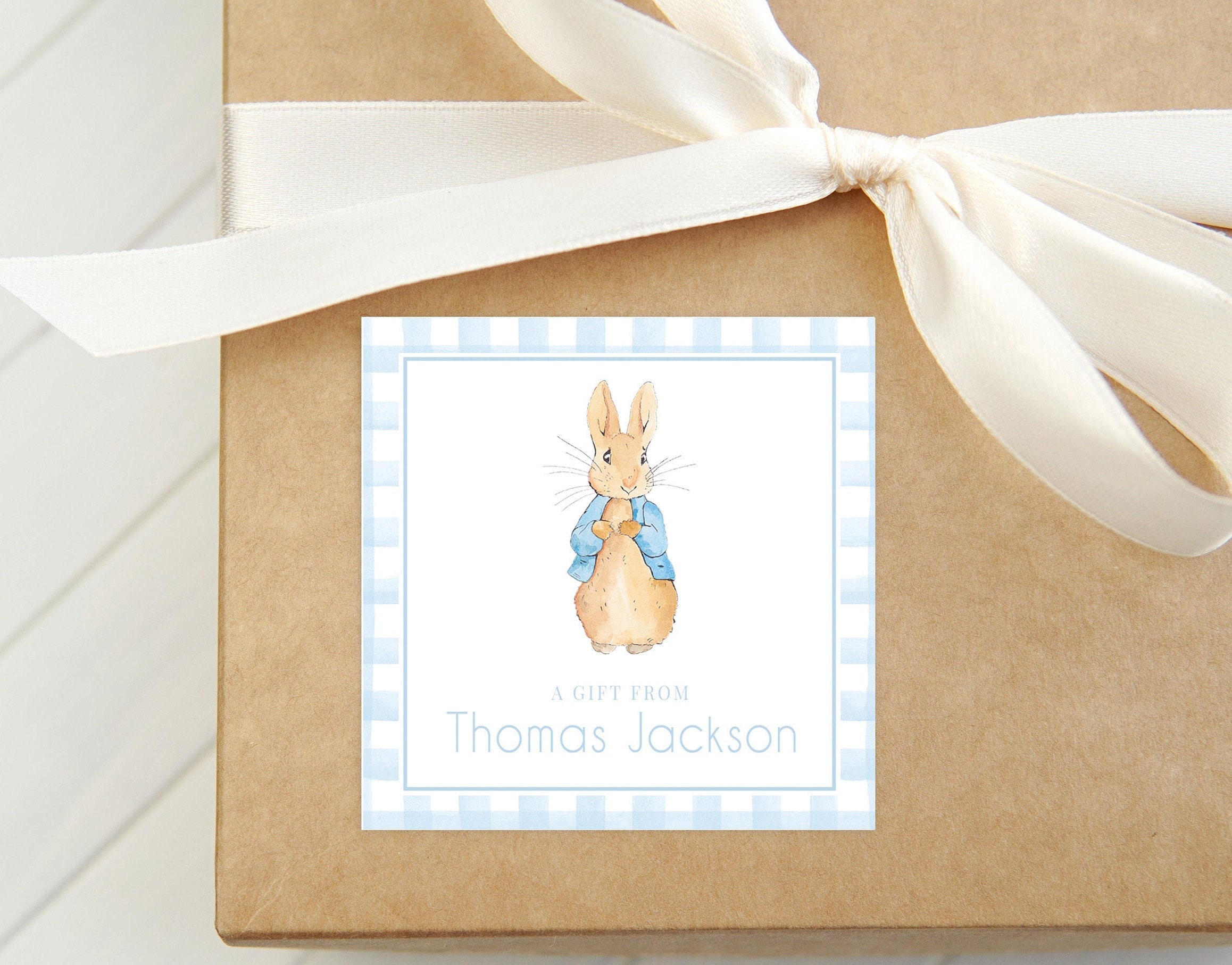 Personalized Watercolor Peter Rabbit Calling Card, Boy Enclosure Card, Square Animal Gift Tag