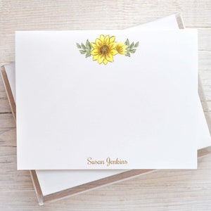 Personalized Watercolor Sunflower Stationery, Flat Notecard Set, Yellow Floral Girl Stationery