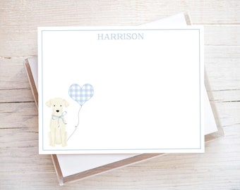 Personalized Watercolor Dog Balloon Stationery, Boy Gingham Flat Notecard Set, Puppy Dog Stationery