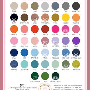 a collection of various ink color options, including shades of black, tan, brown, light gray, blue gray, charcoal, and more. These colors can be used for coordinating envelopes and other applications. The image also includes a note that coordinating envelopes are available in colors shown with the symbol, and that actual ink colors may vary slightly from the displayed colors on the screen.