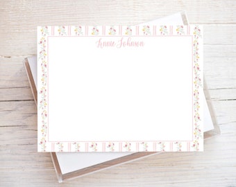 Personalized Watercolor Floral Stationery, Women Flat Notecard Set, Floral Girl Stationery