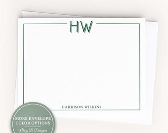 Personalized A2 Size Two Initial Stationery, Colored Family Monogram Flat Notecard Set