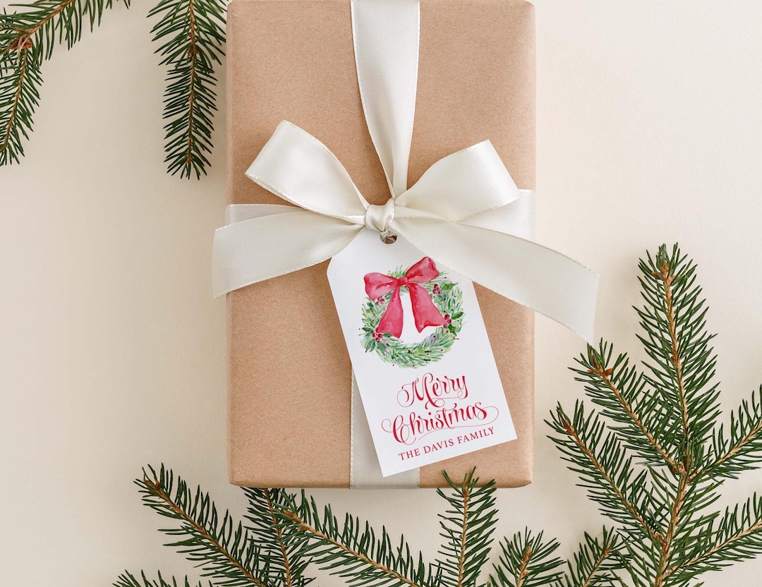 Personalized 2 X 3.5 Inch Watercolor Christmas Wreath Gift Tags | Red ...