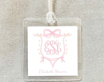 Personalized Monogram Crest Bag Tag, Laminated Square Girl Luggage Tag, Diaper Bag Tag