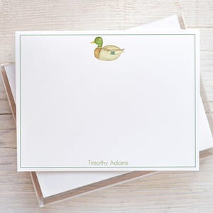 Personalized Watercolor Duck Stationery, Boy Mallard Flat Notecard Set, Animal Stationery