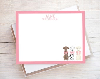 Personalized Watercolor Dog Stationery, Girl Flat Notecard Set, Puppy Dog Stationery