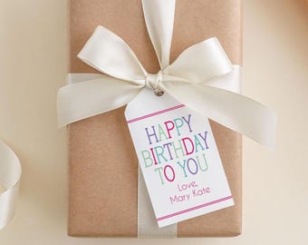 2 x 3.5 inch Personalized Happy Birthday Gift Tags | Custom Birthday Party Colorful Girl Tag