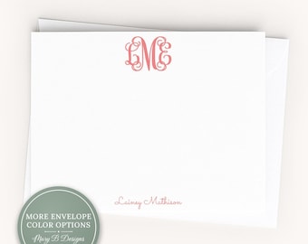 Personalized A2 Size Colorful Curls Script Monogram Stationery, Women Girl Initials Flat Notecard Set
