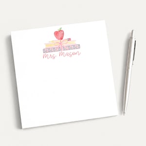 Personalized 5.5x5.5 Inch Square Teacher Notepad, School Pink Bow Books With Apple