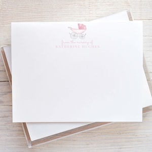 Personalized Watercolor Baby Carriage Stationery, Pink Girl Flat Notecard Set, Girl Stationery
