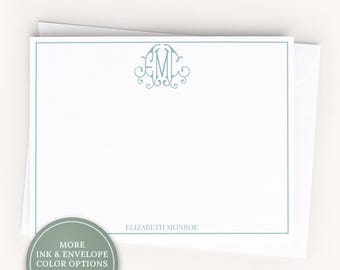 Personalized A2 Size Fancy Script Monogram Stationery, Curls Initials Women Girl Flat Notecard Set