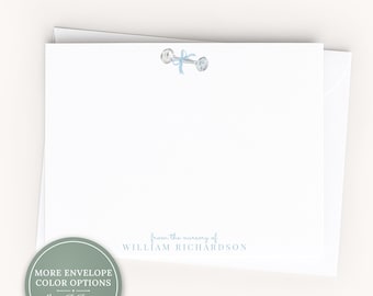 Personalized A2 Size Watercolor Baby Rattle Stationery, Blue Bow Newborn Boy Flat Notecard Set