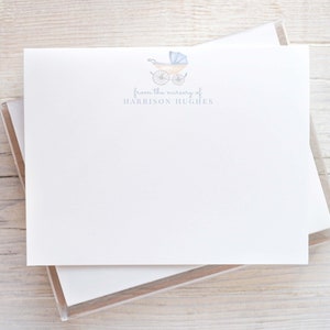Personalized Watercolor Baby Carriage Stationery, Blue Boy Flat Notecard Set, Boy Nursery Stationery