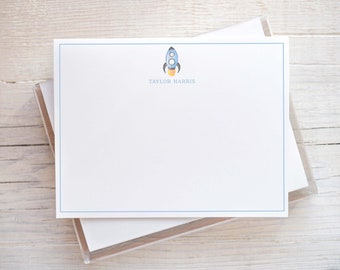 Personalized Watercolor Rocket Stationery, Boy Blue Flat Notecard Set, Boy Stationery