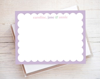 Personalized Colorful Girl Sibling Stationery, Scalloped Border Flat Notecard Set, Custom Stationery