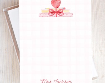 Personalized Teacher Apple Stationery, Back to school Flat Notecard Set, Book stack Woman Girl Stationery