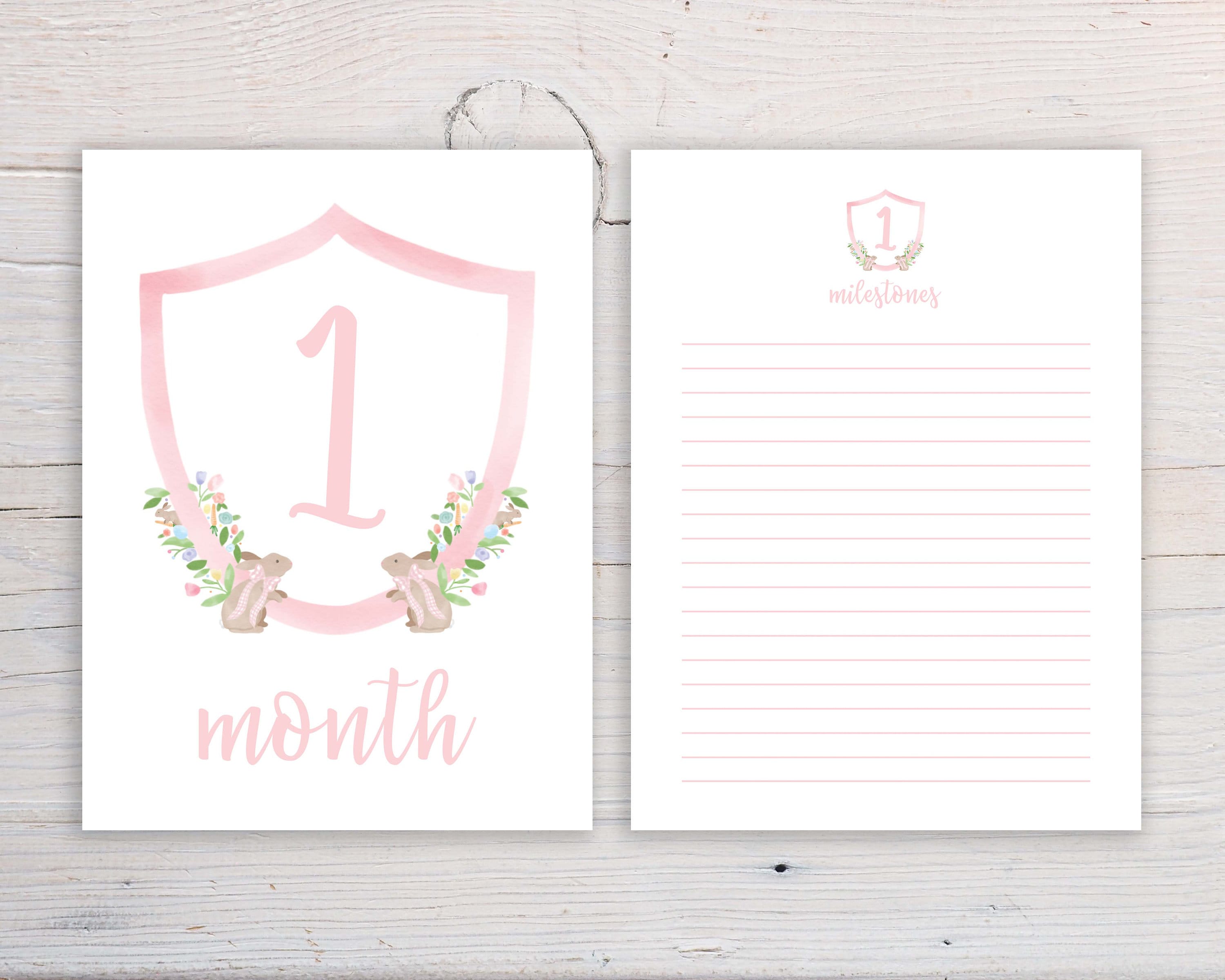 Watercolor Monthly Milestone Cards, Baby Girl Bunny Wreath Milestone ...
