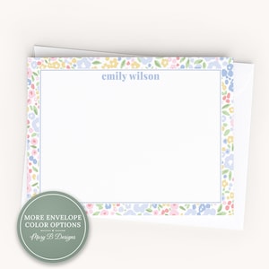 Personalized A2 Size Watercolor Pink Blue Floral Stationery, Women Girl Flower Flat Notecard Set