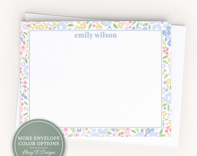 Personalized A2 Size Watercolor Pink Blue Floral Stationery, Women Girl Flower Flat Notecard Set