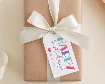 2 x 3.5 inch Personalized Happy Birthday Gift Tags | Custom Colorful Girls Party Tag
