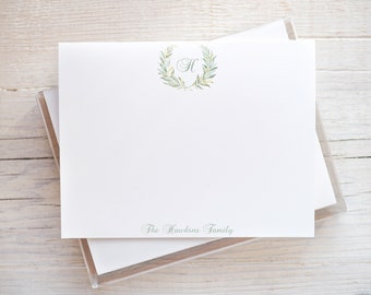 Personalized Watercolor Laurel Wreath Stationery, Last Name Flat Notecard Set, Initial Family Stationery