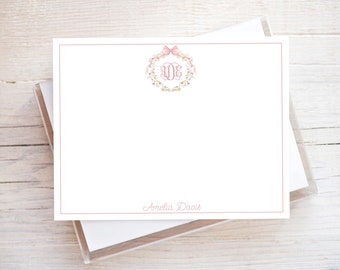 Personalized Monogram Crest Flat Notecard Set, Women Stationery Set, Girl Initials Stationery