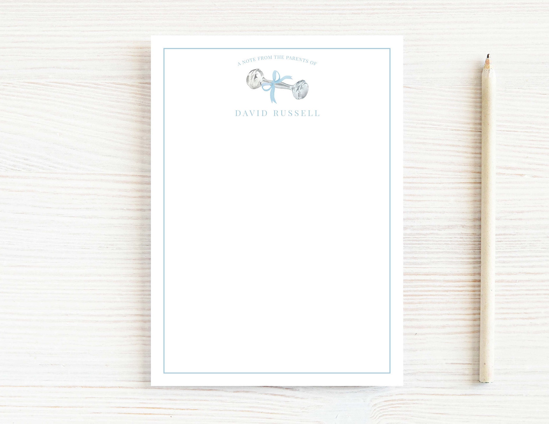 Personalized 5.5X5.5 or 5X7 Blue Baby Rattle Notepad, Newborn Boy Notes ...