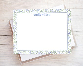 Personalized Watercolor Floral Greenery Stationery, Women Flat Notecard Set, Floral Girl Stationery