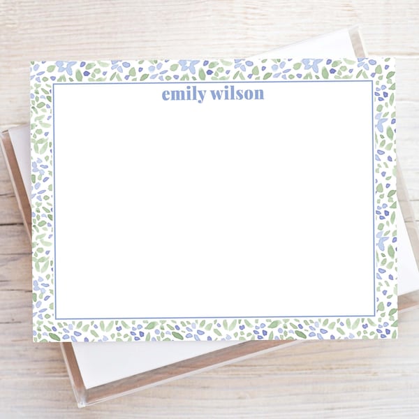 Personalized Watercolor Floral Greenery Stationery, Women Flat Notecard Set, Floral Girl Stationery
