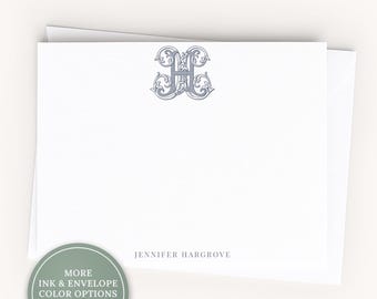 Personalized A2 Size Vintage Script Monogram Stationery, Family Formal Initial Flat Notecard Set