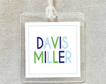 Personalized Blue & Green Bag Tag, Laminated Square Boy Luggage Tag, Diaper Bag Tag