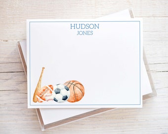 Personalized Watercolor Sports Stationery, Boy Sport Ball Flat Notecard Set