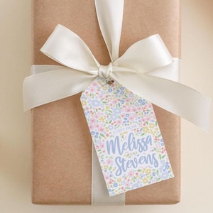 2 x 3.5 inch Personalized Floral Girl Gift Tags | Custom Pink Blue Flowers Colorful Tag