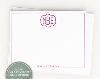 Personalized A2 Size Colored Monogram Stationery, Women Girl Initials Custom Flat Notecard Set