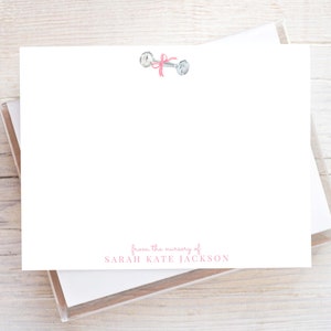 Personalized Watercolor Baby Rattle Stationery, Pink Bow Girl Flat Notecard Set, Girl Stationery
