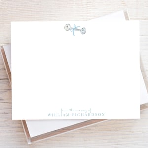 Personalized Watercolor Baby Rattle Stationery, Blue Bow Boy Flat Notecard Set, Boy Stationery