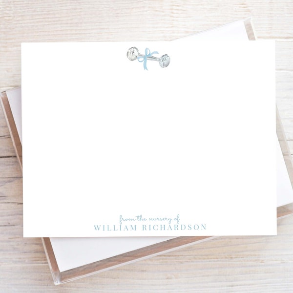 Personalized Watercolor Baby Rattle Stationery, Blue Bow Boy Flat Notecard Set, Boy Stationery