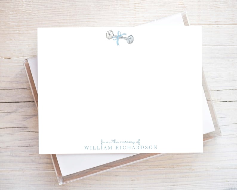 Personalized Watercolor Baby Rattle Stationery, Blue Bow Boy Flat Notecard Set, Boy Stationery image 1
