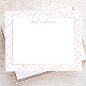 Personalized Watercolor Pink Bow Trellis Flat Notecard Set, Girl Stationery Set, Kid Stationery