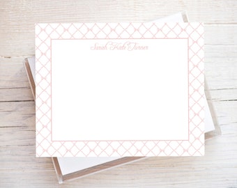 Personalized Watercolor Pink Bow Trellis Flat Notecard Set, Girl Stationery Set, Kid Stationery