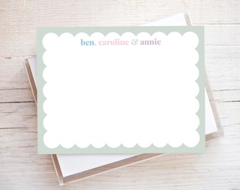 Personalized Colorful Sibling Stationery, Scalloped Border Flat Notecard Set, Custom Stationery