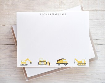Personalized A2 Size Watercolor Construction Stationery, Boy Dump Truck Bulldozer Flat Notecard Set