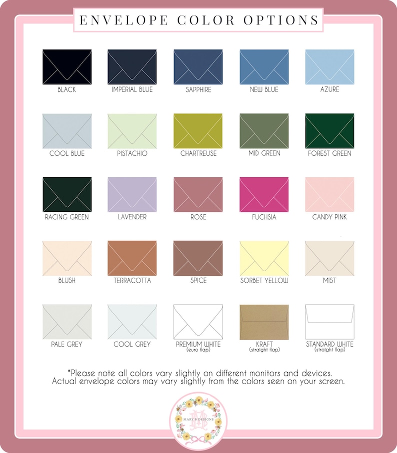 a collection of envelope color options, including various shades of black, blue, green, pink, and other colors.