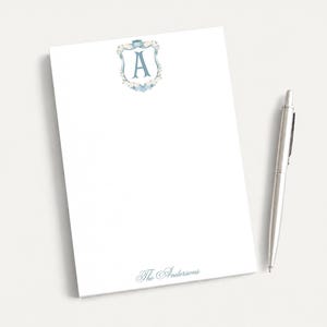 Personalized 5.5X5.5 or 5X7 Watercolor Hydrangea Crest Notepad, Floral Women Initial Note