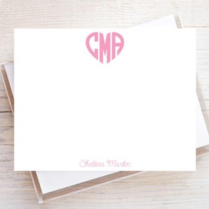 Papelería personalizada con monograma de corazón, juego de tarjetas planas, papelería familiar, papelería para mujer