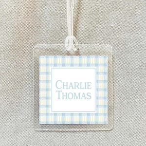 Personalized Blue Green Gingham Boy Bag Tag, Laminated Luggage Tag, Diaper Bag