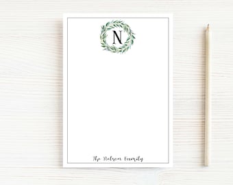 Personalized Initial Greenery Wreath Notepad, Floral Monogram Family Notepad
