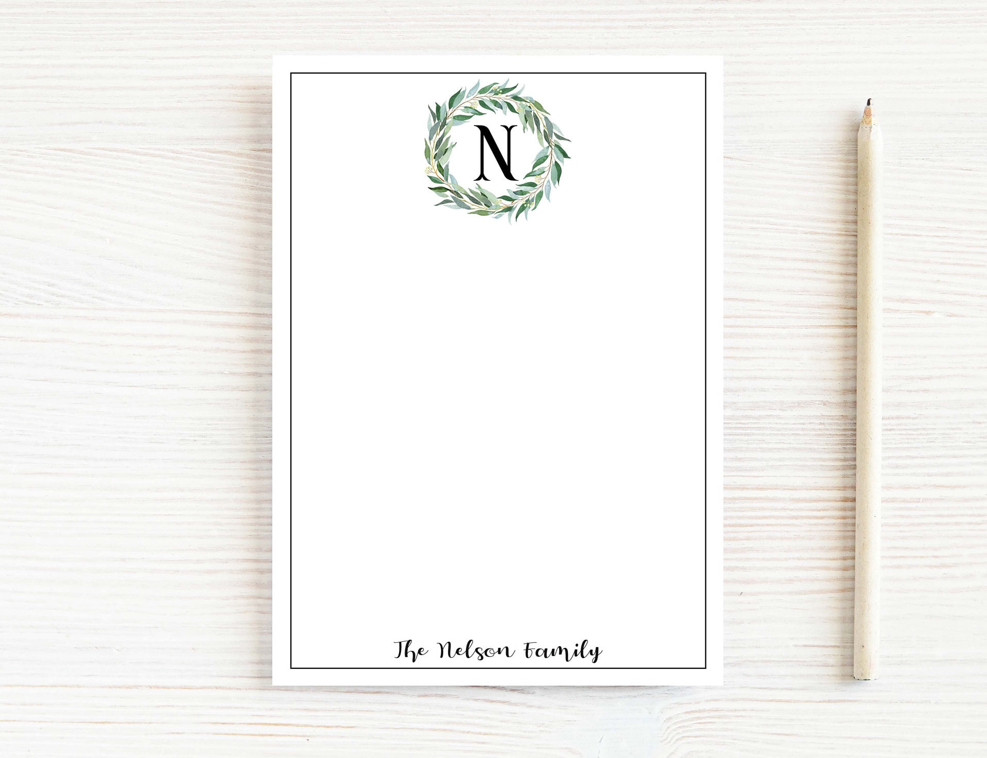 Personalized Initial Greenery Wreath Notepad, Floral Monogram Family ...