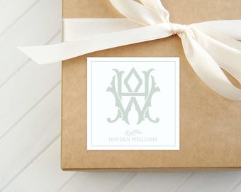 Personalized Chic Monogram Calling Card, Interlocking Woman Enclosure Card, Family Square Gift Tag