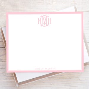 Personalisiertes rosa Monogramm-Briefpapier, Frauen flaches Notecard Set, buntes Mädchen-Briefpapier